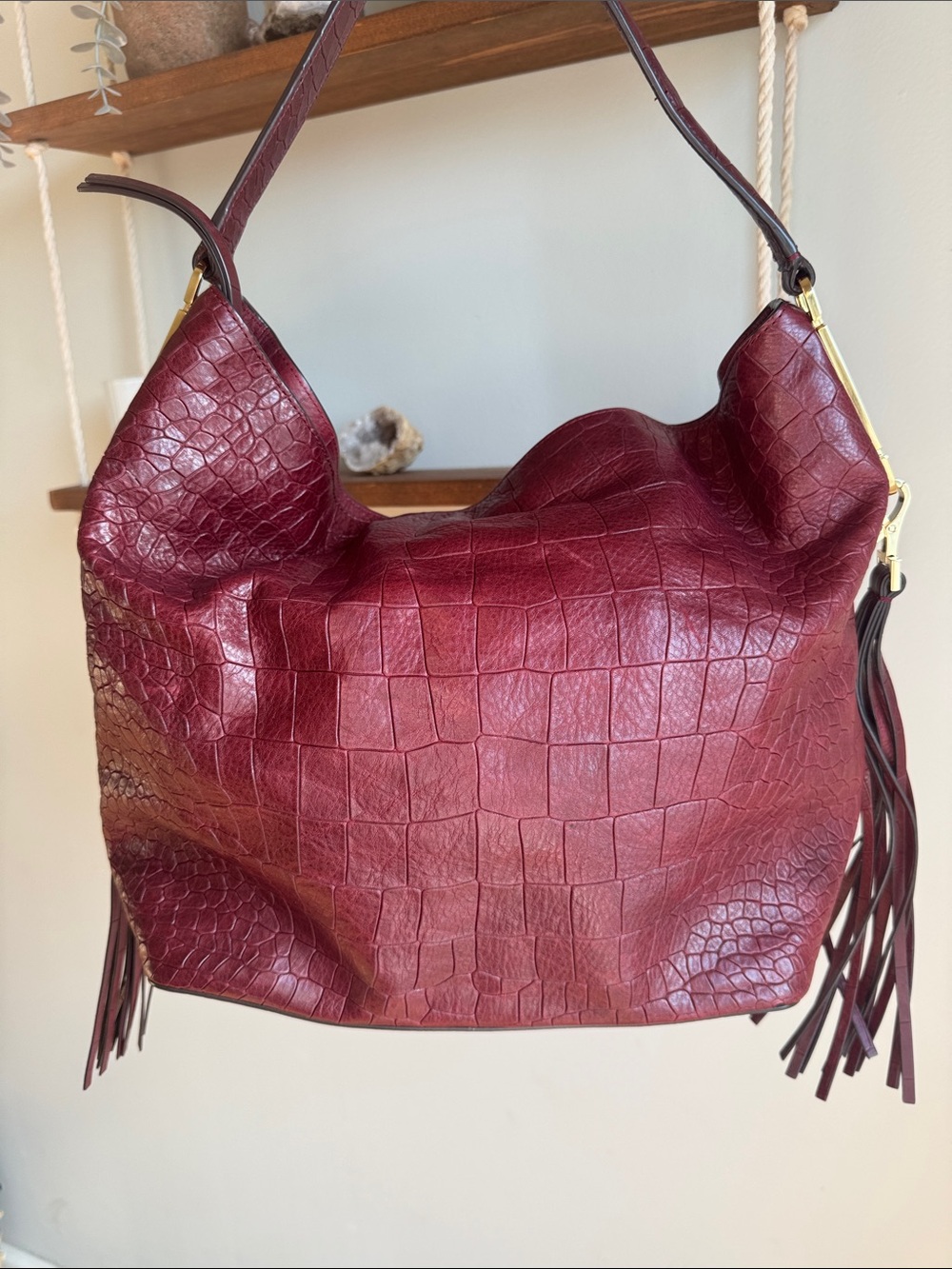 henri bendel Croc-Embossed Burgundy Shoulder Hobo